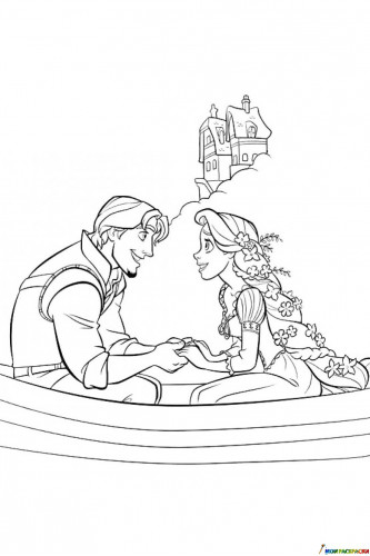 Раскраска Рапунцель и Флинн вдвоем в лодке