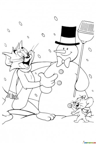 Раскраска Том и Джерри слепили снеговика