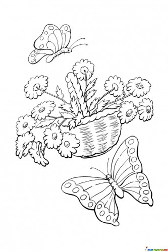 Раскраска Корзина цветов и бабочки