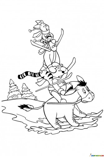 Раскраска Винни Пух и его друзья на лыжах